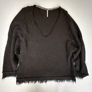 Free People Black Wool Blend V-Neck Sweater Frayed Fringe Hem Cropped Boho